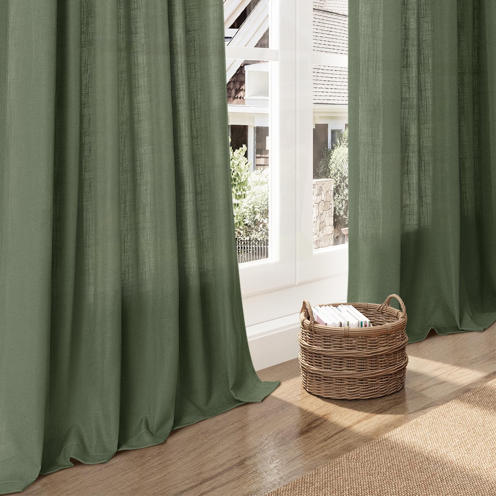 Nanspring Forest Green Linen Curtains 96 Inches Long for Living Room Light Filtering Semi Sheer Curtain Back Tab and Rod Pocket Wabi Sabi Boho Decor Drapes for Bedroom Office 52x96, 2 Panels