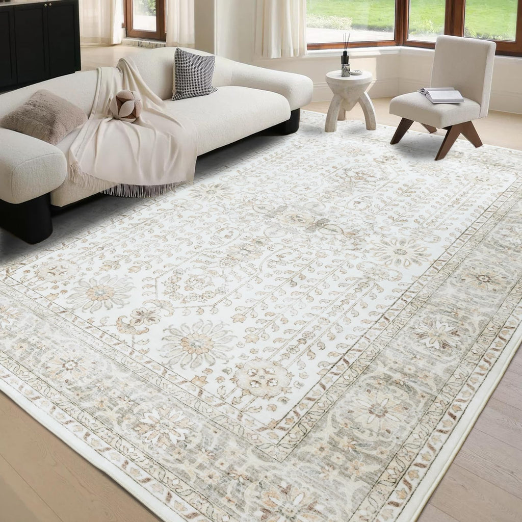 phonzenuo 7x9 Area Rugs for Living Room,Thin Washable Rug, Non-Slip Foldable Area Rug for Bedroom, Dining Room, Home Office, Cream