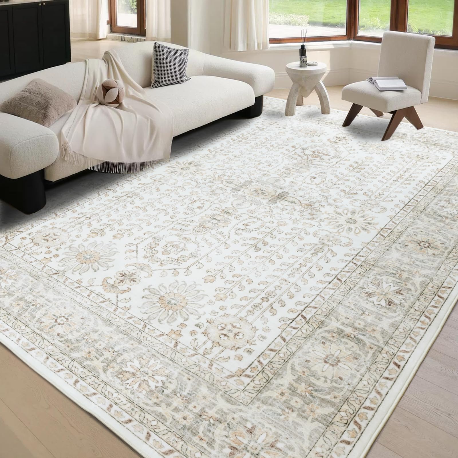 phonzenuo 7x9 Area Rugs for Living Room,Thin Washable Rug, Non-Slip Foldable Area Rug for Bedroom, Dining Room, Home Office, Cream