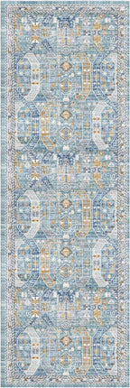 Madane Runner Rug 2'6''x8' Kitchen Runner, Hallway Runner Printed Vintage Washable Rugs Soft Non-Slip Low Pile Runners for Hallways Laundry Room Distressed Carpet, Blue/Gold