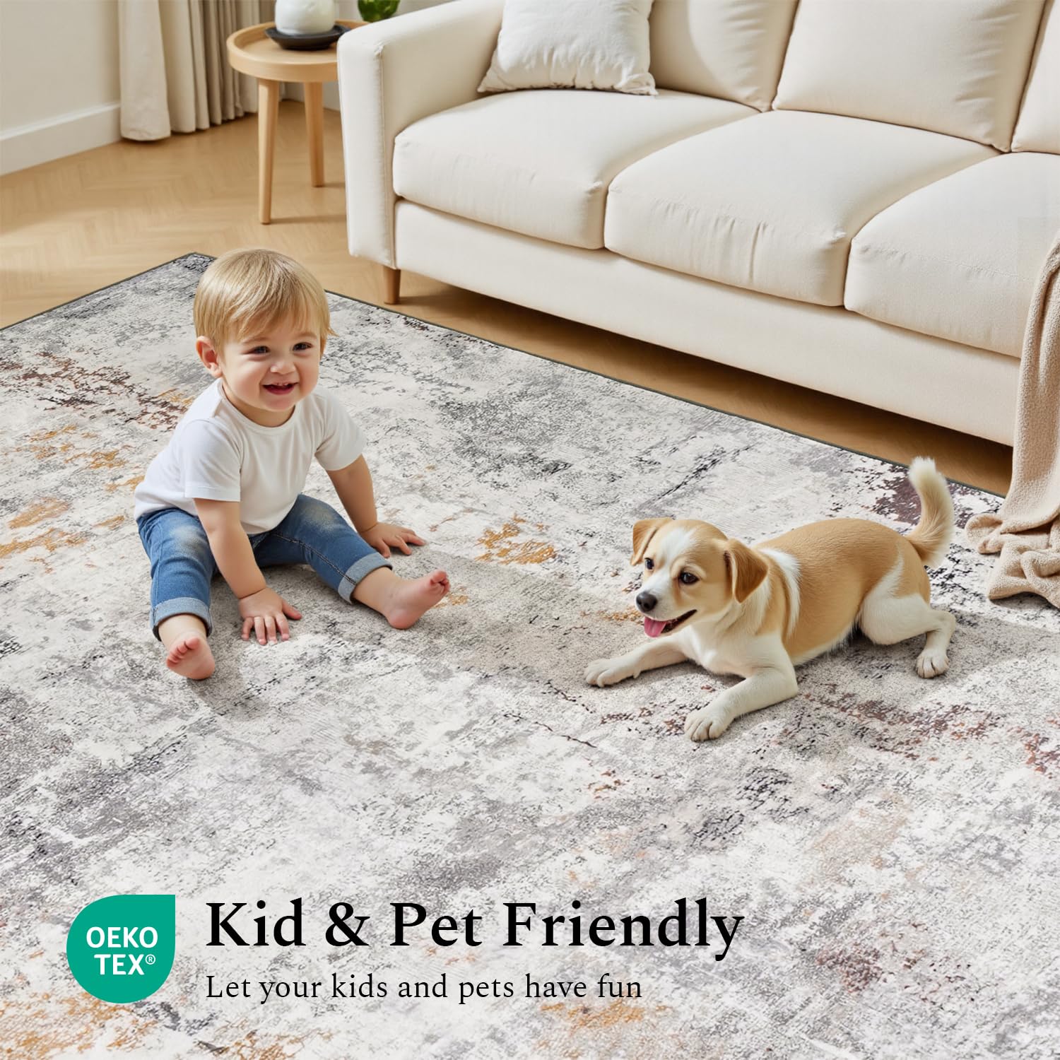 Rugflix 9x12 Area Rugs for Living Room, Washable Beige Grey Large Rug