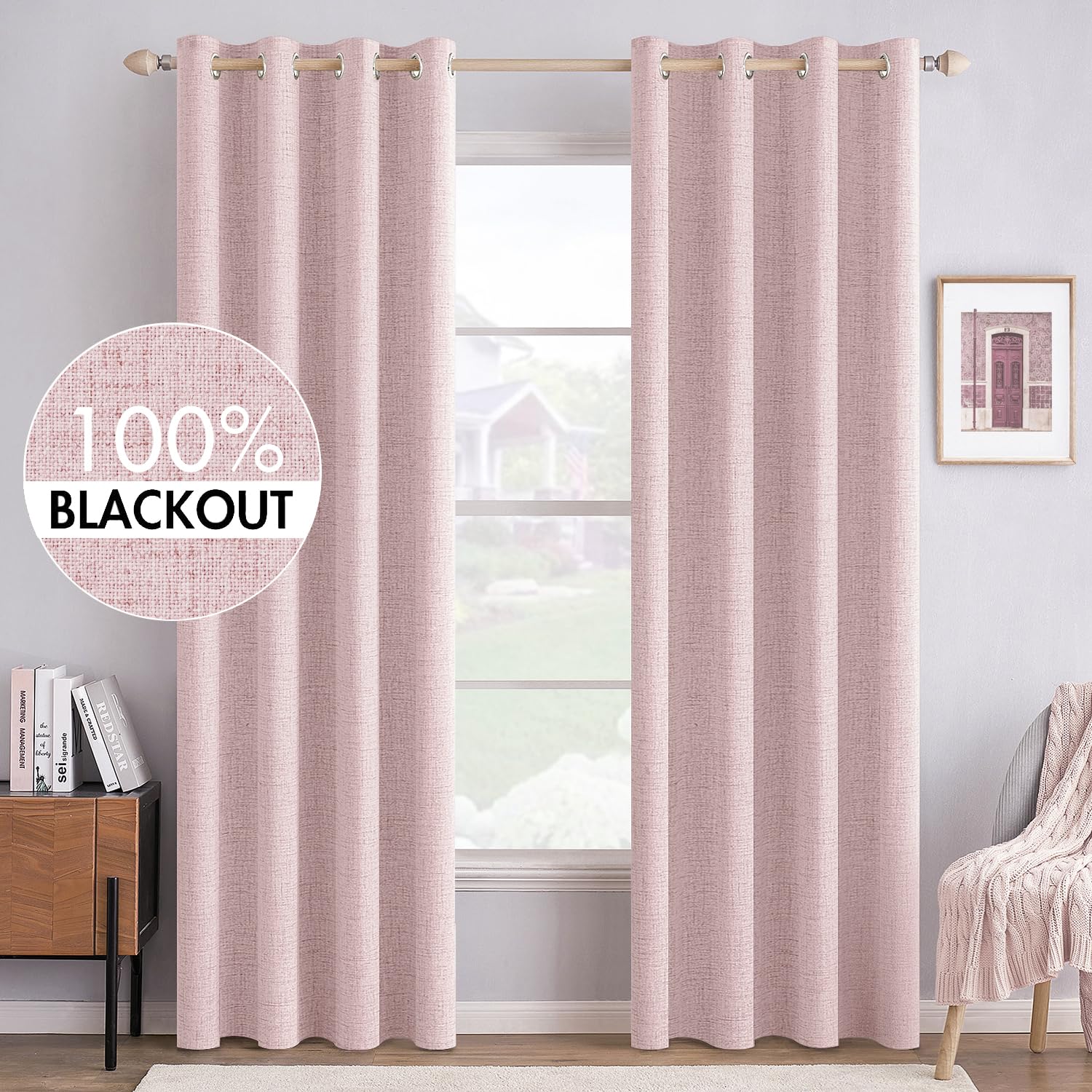 MIULEE 100% Blackout Linen Curtains for Bedroom 52x90 Inches Pink