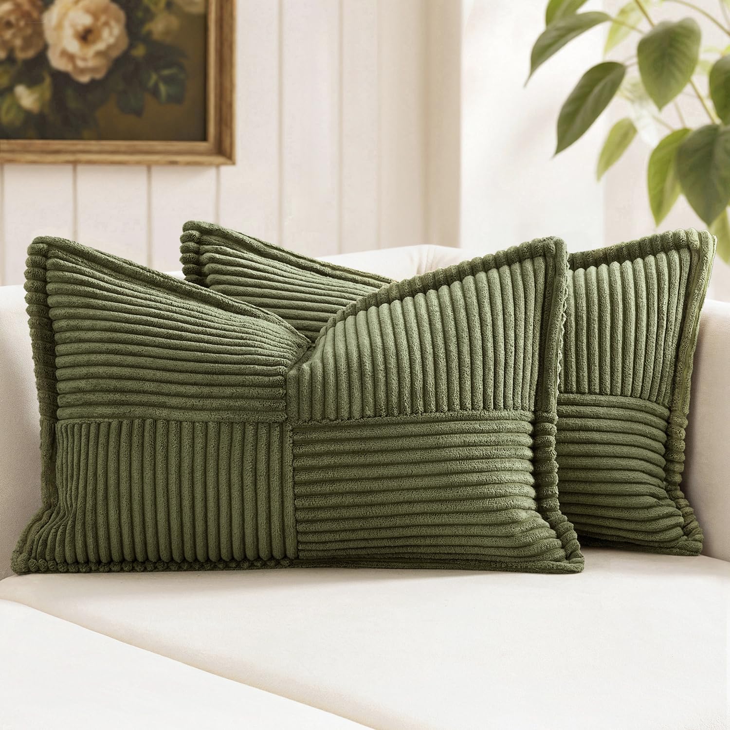 MIULEE Olive Green Corduroy Lumbar Pillow Covers 12x20 Inch 12x20 Inch with Splicing Set of 2 Soft Boho Pillow Covers Broadside Decorative Textured Summer Pillowcases for Couch Bed Livingroom