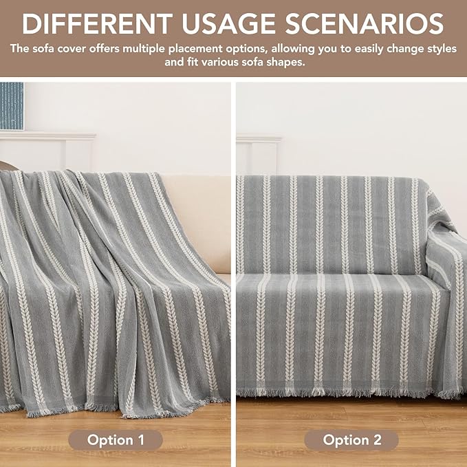 KaviKon Couch Cover for Dogs, Boho Sofa Covers for 3 Cushion Couch, Chenille Sofa Slipcover for Pets Washable, L-Shape Sectional Loveseat Cover Soft Throw Blankets with Tassels(71x134,Striped Grey)