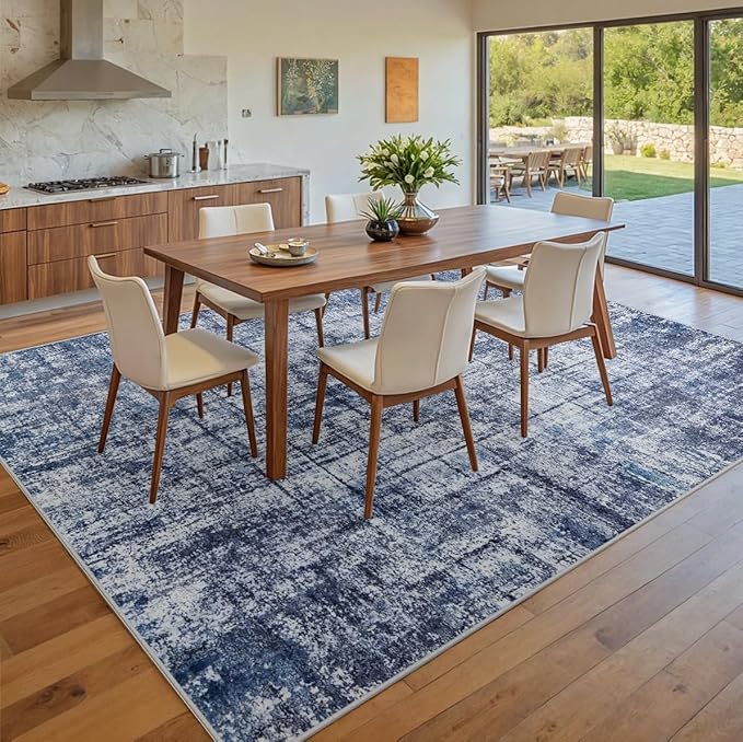 8x10 Washable Area Rug for Living Room Bedroom: Non-Slip Modern Navy Blue