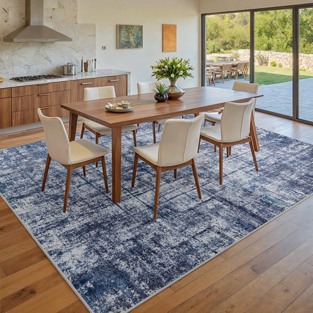 8x10 Washable Area Rug for Living Room Bedroom: Non-Slip Modern Navy Blue