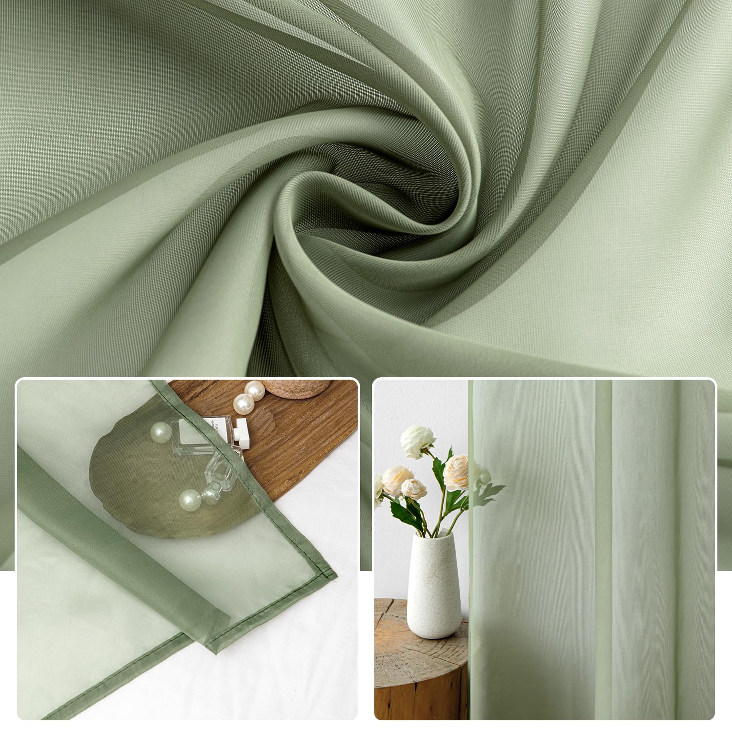 MIULEE 2 Panels Sage Green Sheer Curtains 96 inches Long, 54 X 96 Inches