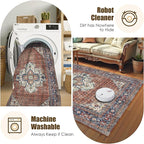 Washable Area Rug 6' x 9' Vintage Traditional Persian Mat - Foldable Distressed Non-Slip Machine Washable Carpet for Living Room Bedroom Kitchen Home Decor - Terracotta and Navy