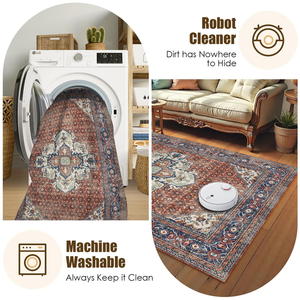 Washable Area Rug 8' x 10' Vintage Traditional Persian Mat - Foldable Distressed Non-Slip Machine Washable Carpet for Living Room Bedroom Kitchen Home Decor - Terracotta and Navy
