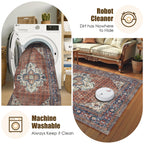 Washable Area Rug 8' x 10' Vintage Traditional Persian Mat - Foldable Distressed Non-Slip Machine Washable Carpet for Living Room Bedroom Kitchen Home Decor - Terracotta and Navy