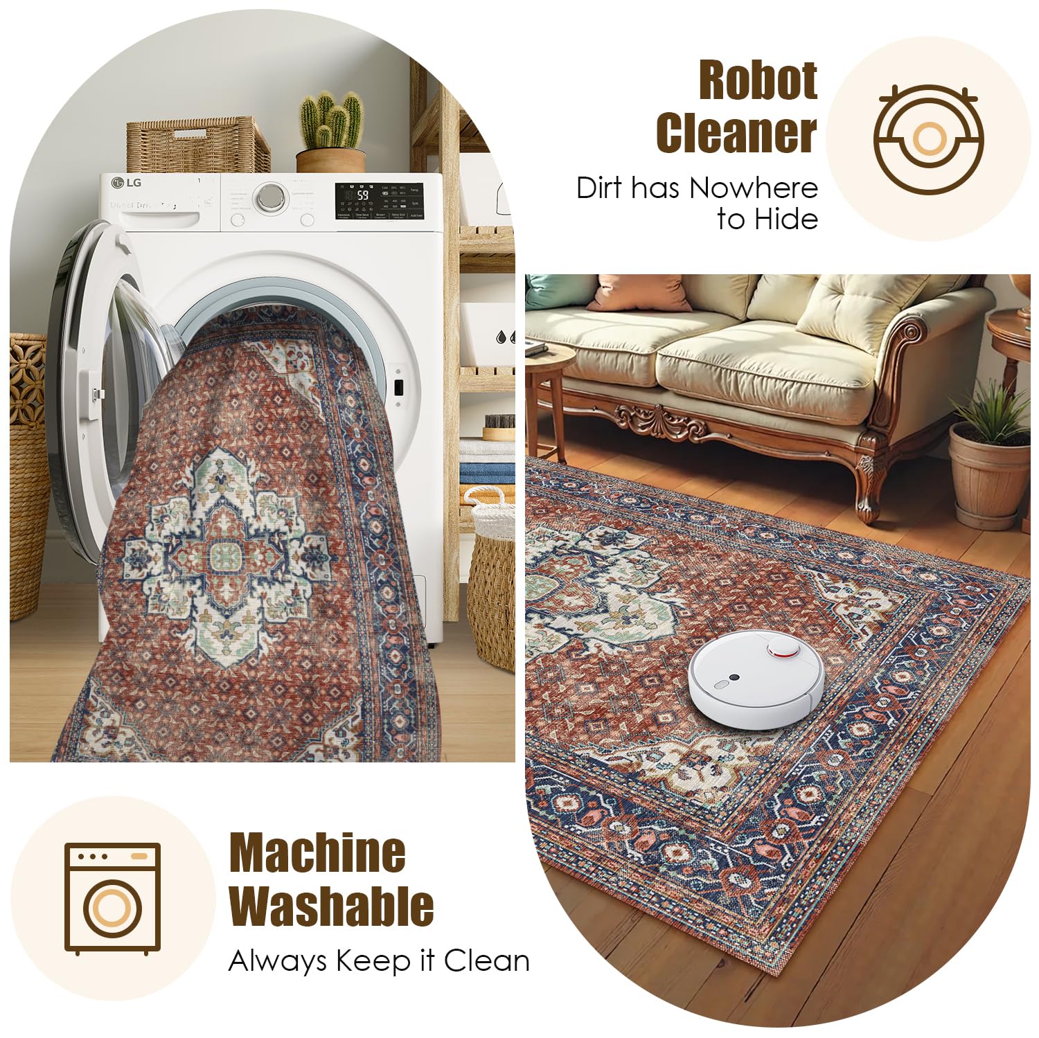 Washable Area Rug 8' x 10' Vintage Traditional Persian Mat - Foldable Distressed Non-Slip Machine Washable Carpet for Living Room Bedroom Kitchen Home Decor - Terracotta and Navy