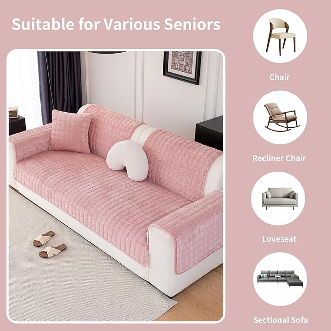 Velvet Couch Cover, Washable Sectional Sofa Cover, Anti Slip Sofa Slipcover for 3 Cushion Couch Sofa L Shaped Armrest Backrest, Furniture Protector Covers for Pets Kids(1PC,Pink,36"×94")