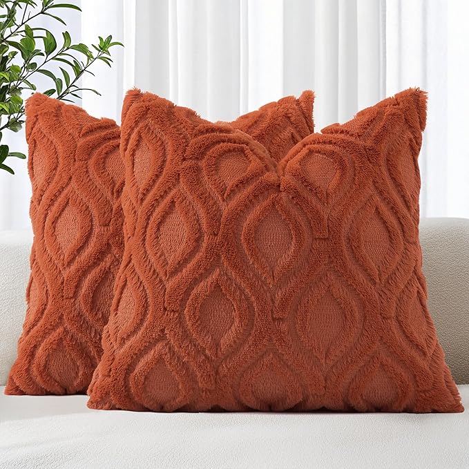 decorUhome Faux Fur Plush Soft Rust Throw Pillow Covers 16x16 Set of 2