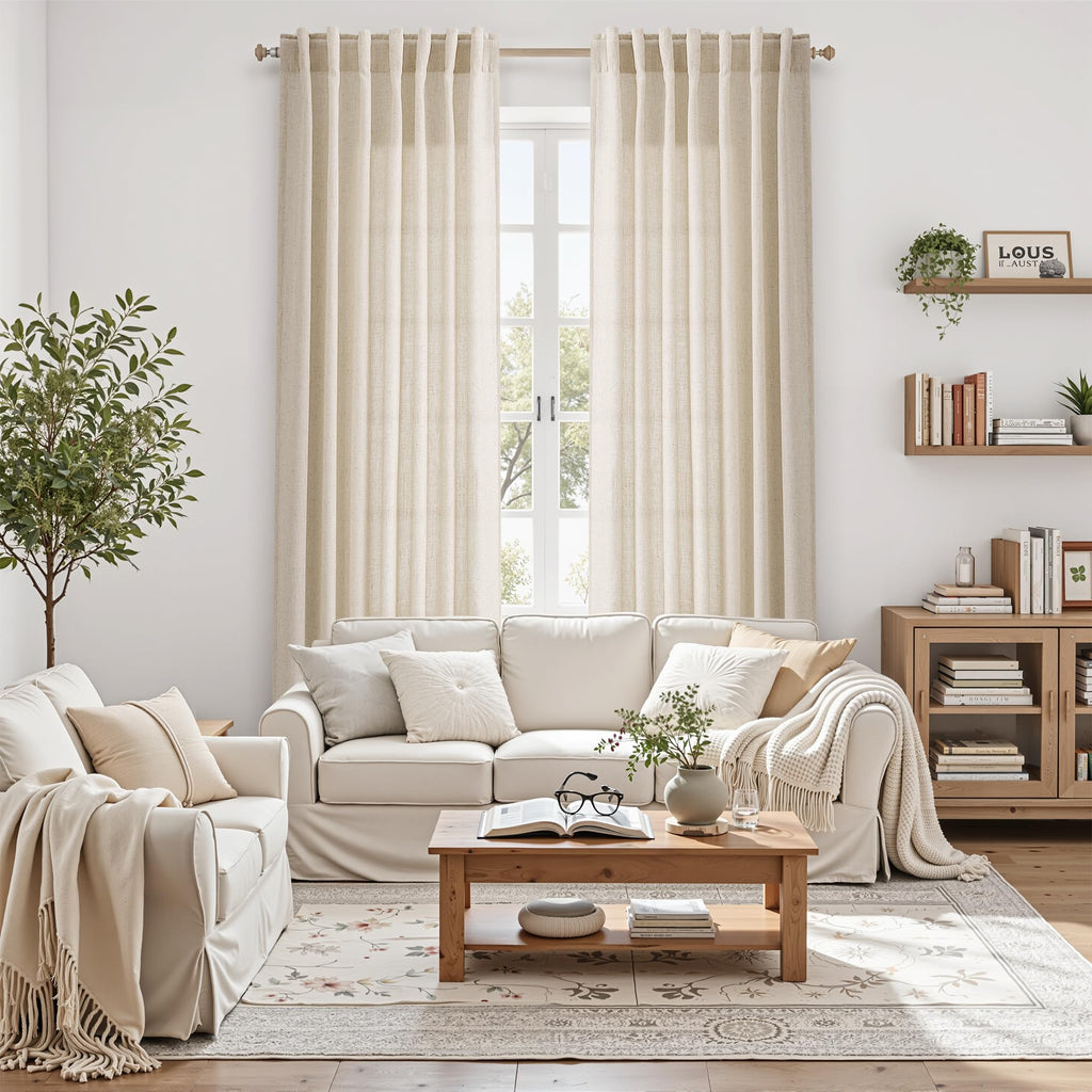 Nanspring Linen Curtains 84 Inch Length 2 Panels Set for Living Room Farmhouse Decor Light Filtering Semi Sheer Curtain Back Tab and Rod Pocket Neutral Luxury Rustic Coastal Drapes for Bedroom 52x84