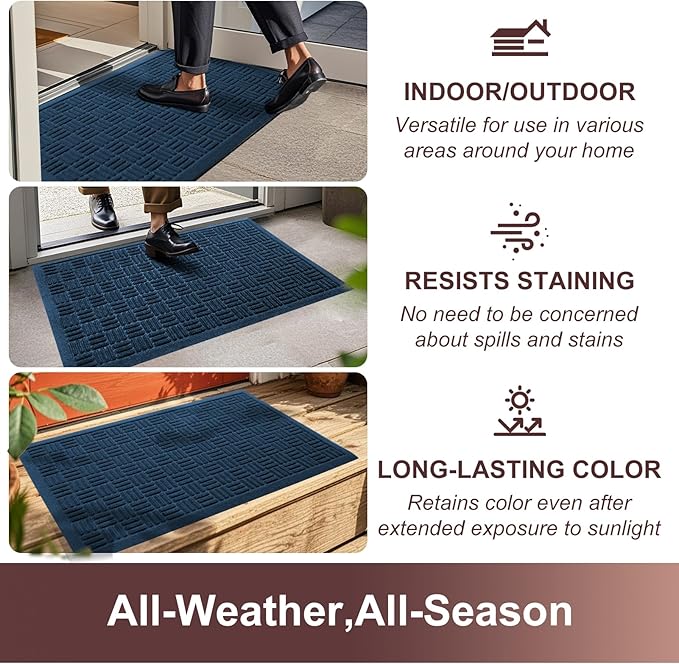 Mibao Front Door Mat Indoor Outdoor Entrance, Dirt Trapping Waterproof All-Season, All-Weather Doormat, Non-Slip Durable Natural Rubber Low Profile Easy Clean Patio Entrance Mat, 47" x 31.5", Blue