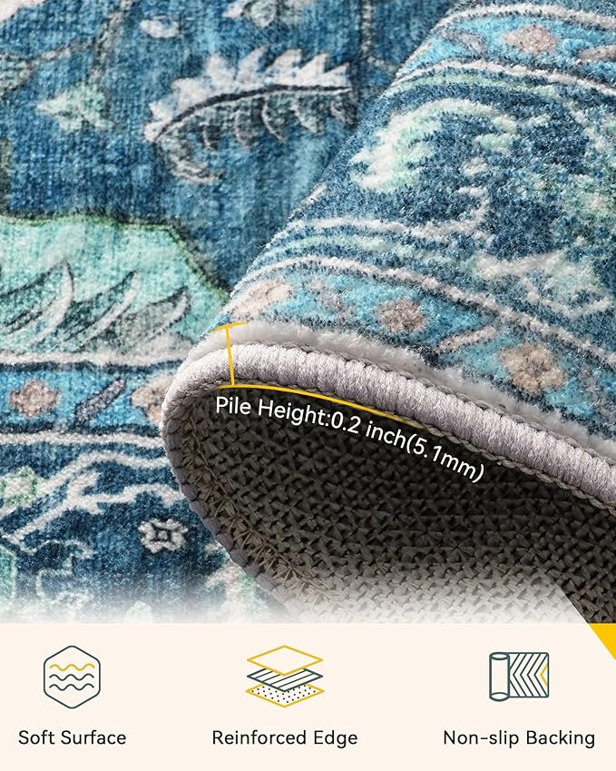 Area Rugs 3'x8' Runner Rug Non Slip Washable for Kitchen Hallway Bedroom Beside Laundry Room Bathroom Rug, Floor Carpet, Teal Green Lake Blue Turquoise