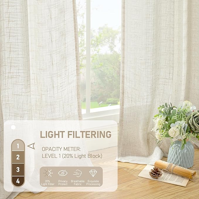 LAMIT Light Filtering Linen Curtains 84 inches Long for Bedroom, Cream Ivory Linen Textured Semi Sheer Back Tab and Rod Pocket Natural Boho Drapes for Living Room, 2 Panels, 42 x 84 Inch