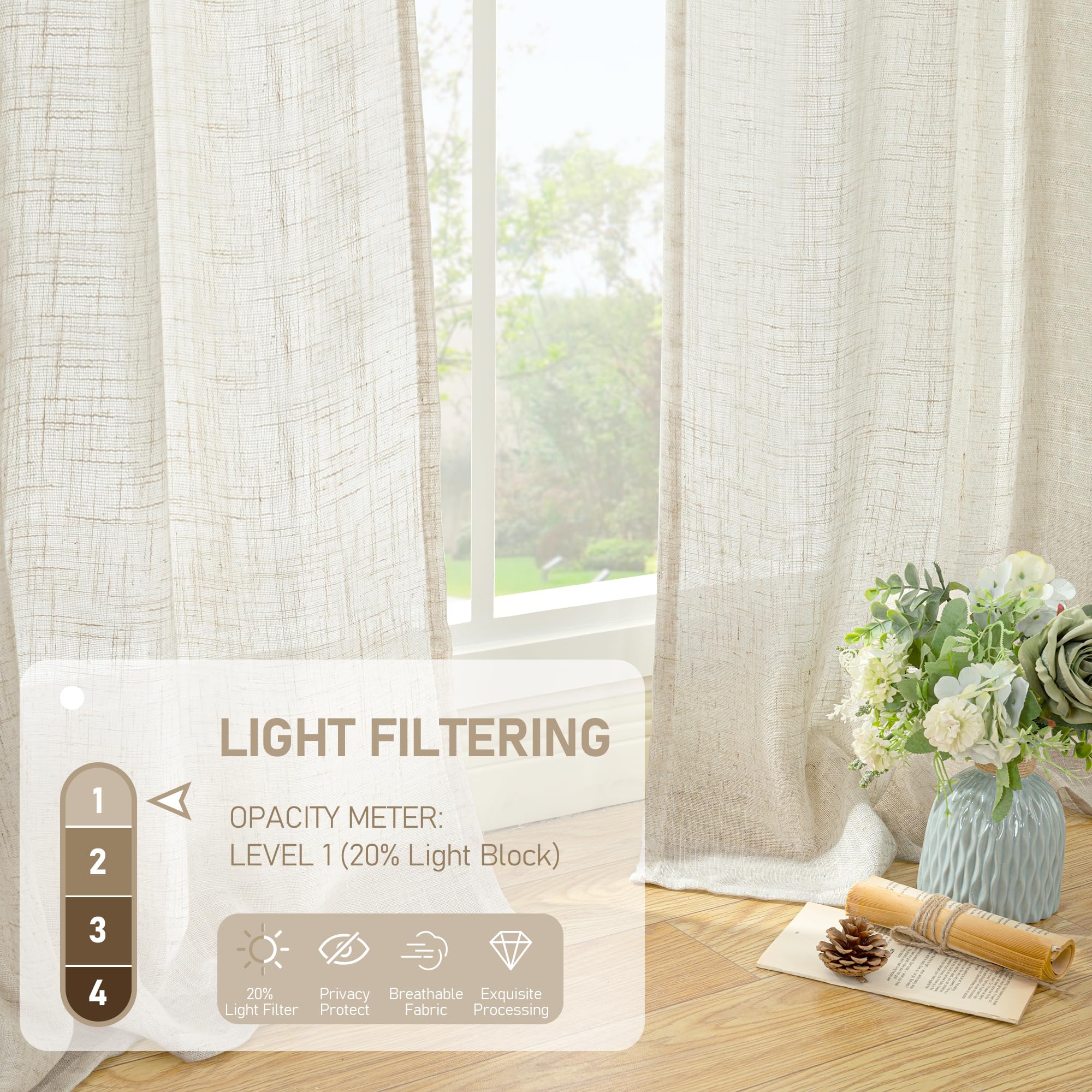 LAMIT Natural Linen Boho Curtains 80 inch Length for Bedroom 2 Panels