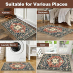 Yamaziot Washable Area Rug, 2x3 Small Entryway Rug Non-Slip Boho Vintage Rug with Rubber Backing, Low Pile Faux Wool Soft Distressed Floor Carpet for Indoor Door Mat, Kitchen, Laundry Bathroom