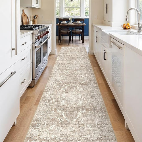 2'6"x12 Washable Runner Rug: Vintage Non-Slip Rug for Kitchen NaturalBeige