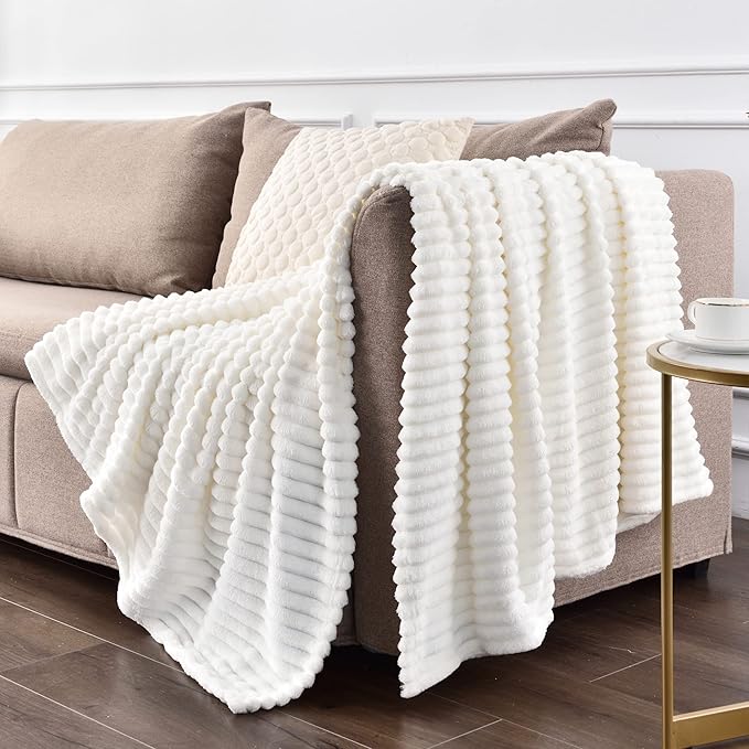 BEDELITE Fleece Throw Blanket for Couch – 3D Ribbed Jacquard Soft and Warm Decorative Fuzzy Blanket – Cozy, Fluffy, Plush Lightweight Off White Throw Blankets for Bed, Sofa, 50x60 inches