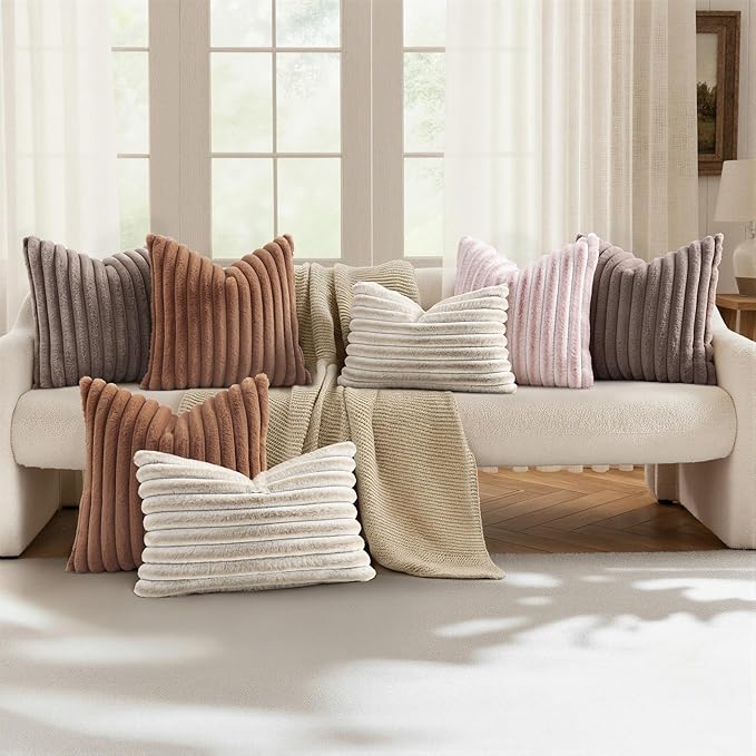 decorUhome Cozy Faux Fur Throw Pillow Covers 12x20 Set of 2 Decorative Soft Plush Striped Lumbar Modern Farmhouse Boho Couch Pillow Cases with Velvet Back for Sofa Bed Living Room, Brown