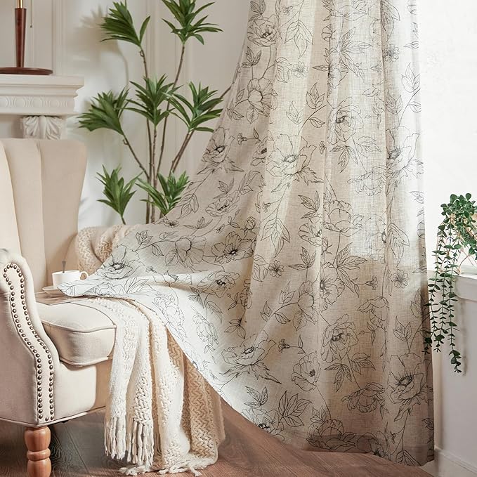 jinchan Linen Floral Curtains for Living Room 84 Inch Length Grey Flower Curtain Rod Pocket Back Tab Farmhouse Curtains with Printed Floral Bedroom Window Curtain Set, 2 Panels Gray