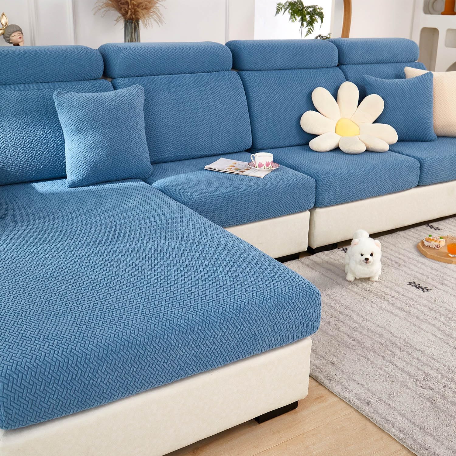 Disayu Sofa Covers Couch Covers for Sofa Pet Friendly Couch Cushion Covers Universal Sofa Covers Washable Stretch Slipcovers for Sectional Sofa (Texture Blue, 2 Seats + Chaise Cover)