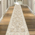 Yamaziot Washable Runner Rug, 2x10 Non-Slip Boho Vintage Hallway Rug Runner with Rubber Backing, Stain Resistant Faux Wool Distressed Carpet Runner for Kitchen, Laundry, Entrance, Beige Brown