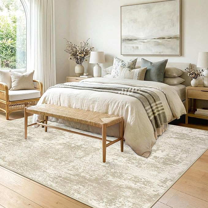 RELEANY Washable 6'x9' Abstract Area Rug for Living Room Cream Beige