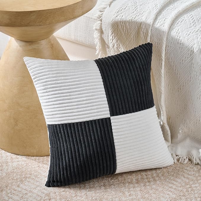 Fancy Homi Set of 2 Black White Big Decorative Throw Pillow Covers 24x24 Inch for Couch Bed Sofa, Modern Farmhouse Boho Home Decor, Soft Cross Corduroy Patchwork Accent Square Cushion Case 60x60 cm