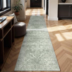 Washable 3x14 Runner Rug - Non-Slip Vintage Rug for Entryway Low-Pile Medallion Long Rugs for Hallway Waterproof Traditional Runner Rug Indoor Thin Rug for Kitchen (Muted Sage Green)