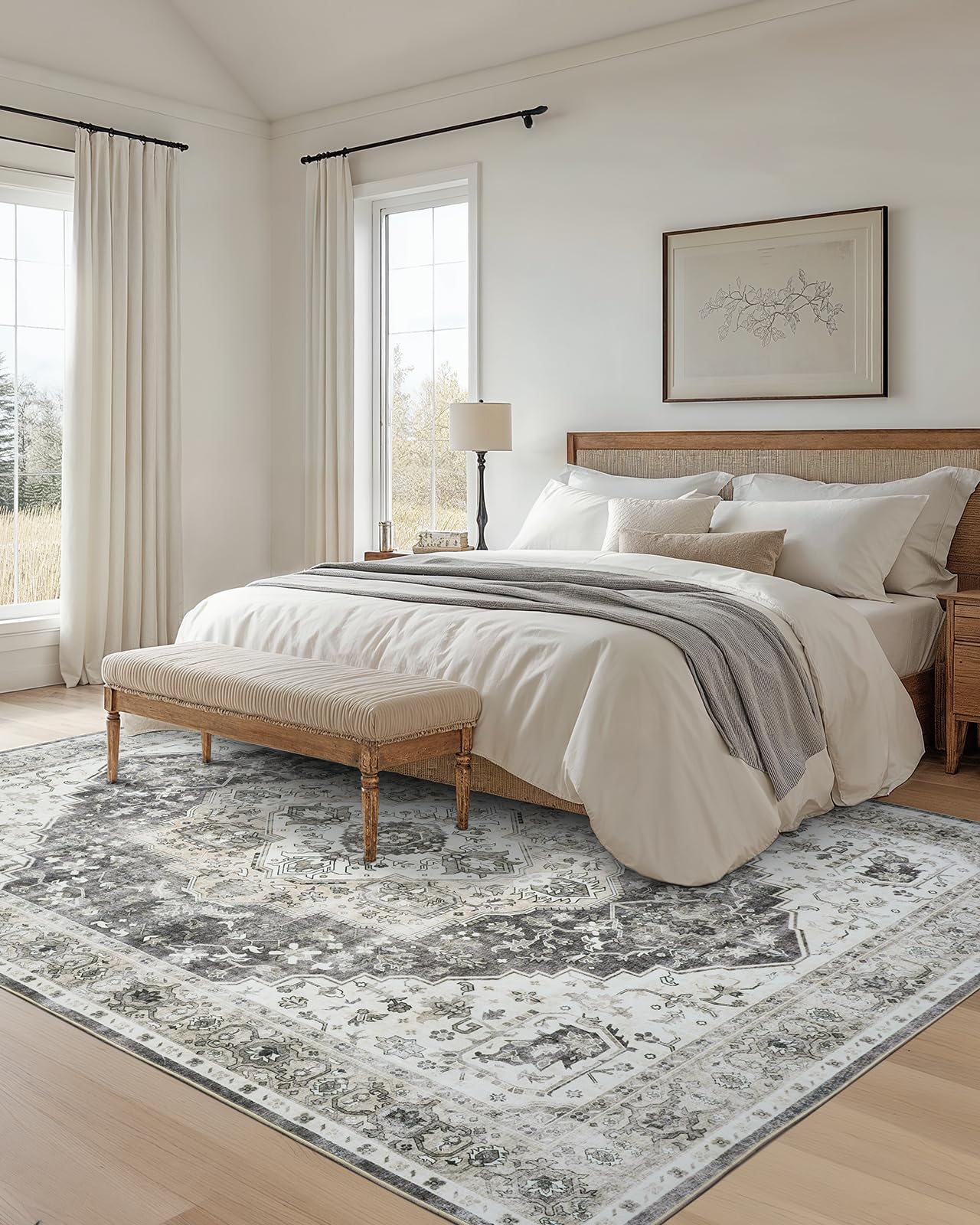 AMADA HOMEFURNISHING 9x12 Area Rug, Washable Low-Profile Large Area Rug with Non-Slip Backing & Durable Edge Binding, Vintage Large Rugs for Living Room, Bedroom