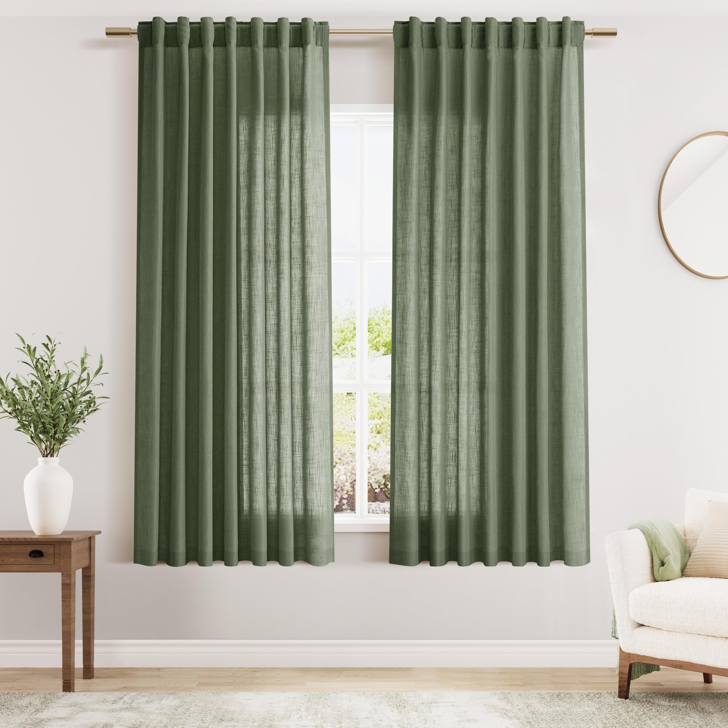 Nanspring Mist Sage Linen Curtains Semi Sheer 96 Inches Long 2 Panels Set for Living Room Back Tab Rod Pocket Light Filtering Drape for Bedroom Modern Farmhouse Coastal Decor Protect Privacy 52x96 — 기타