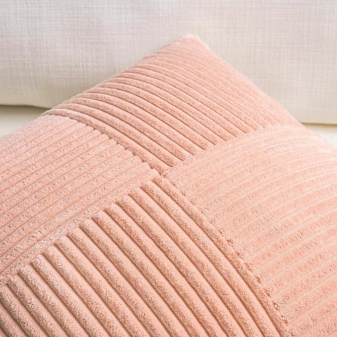 Fancy Homi 2 Packs Peach Samll Decorative Throw Pillow Covers 14x14 Inch with for Couch Bed Sofa, Rustic Farmhouse Boho Home Decor, Soft Corss Patchwork Corduroy Square Cushion Case 35x35 cm