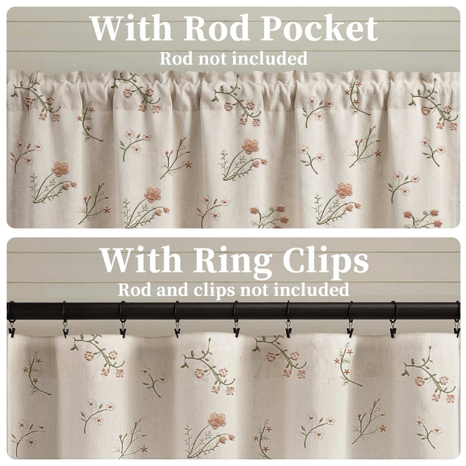 XOGUIBO Kitchen Valances for Windows, Floral Embroidered 52x18 Inch 1 Panel