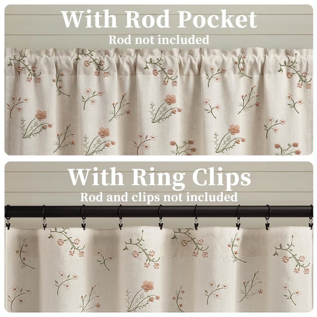 XOGUIBO Kitchen Valances for Windows, Floral Embroidered 52x18 Inch 1 Panel