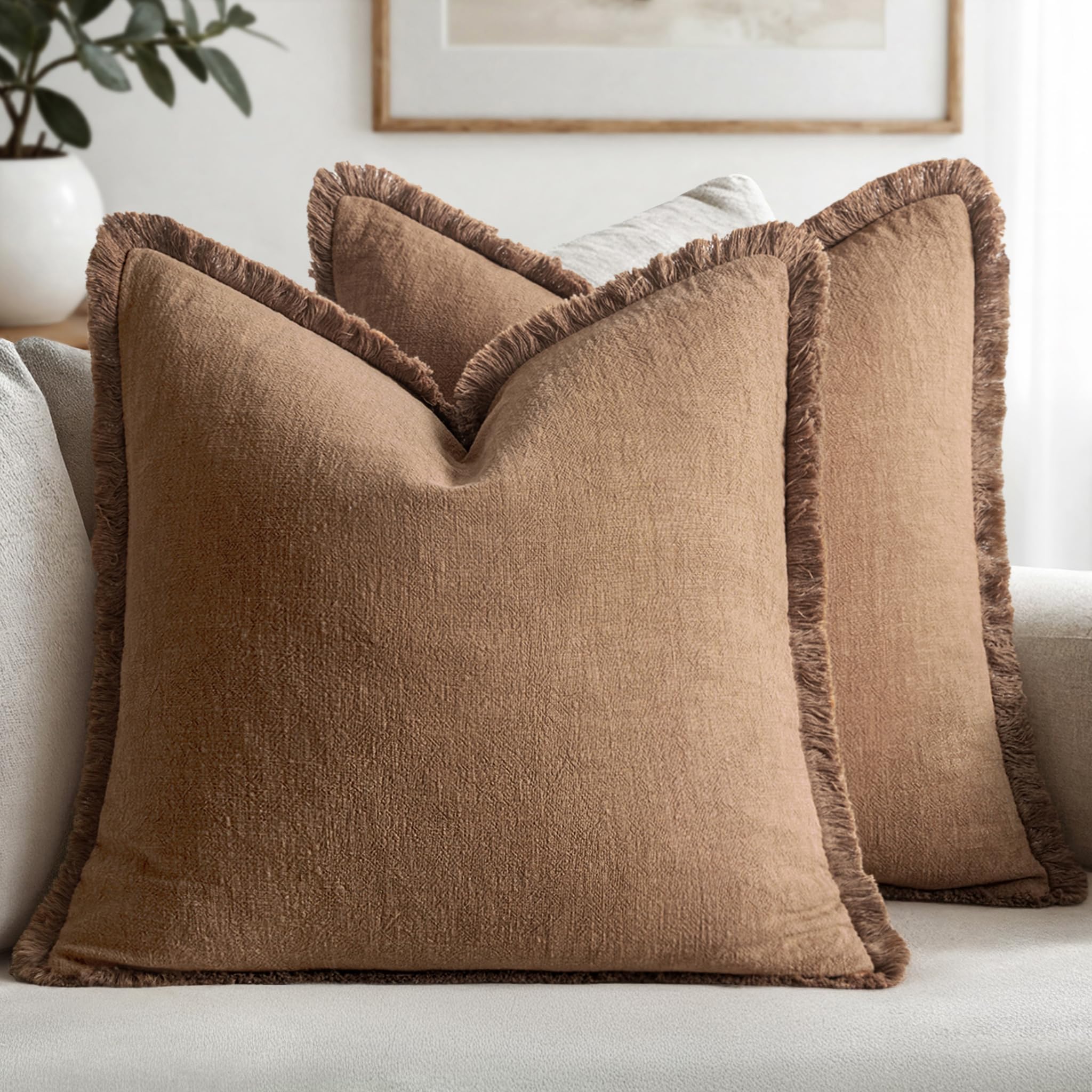 MIULEE Linen Fringe Decorative Fall Euro Throw Pillow Covers Brown 24x24