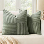 MIULEE Light Olive Green Decorative Throw Pillow Covers 18x18 Inch for Couch Bed Sofa Pack of 2 Boho Farmhouse Throw Pillows Soft Cross Corduroy Patchwork Textured Cushion Cases