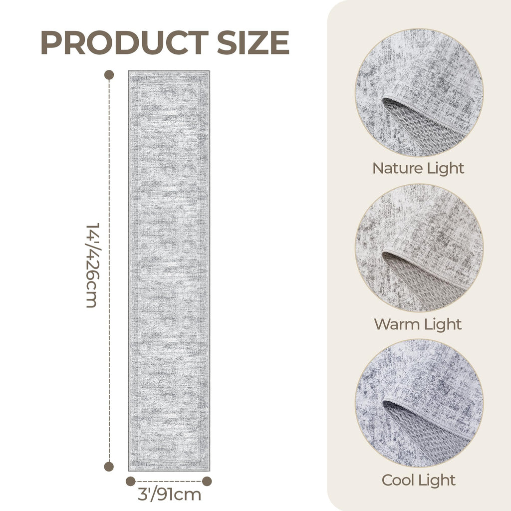 Restydon 3x14 Runner Rug Non Slip,Washable Hallway Runner Rug,Grey