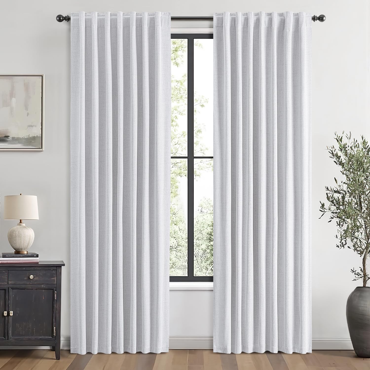MIULEE 100% Blackout Linen Curtains 42 x 84 Inch Grayish White 2 Panels