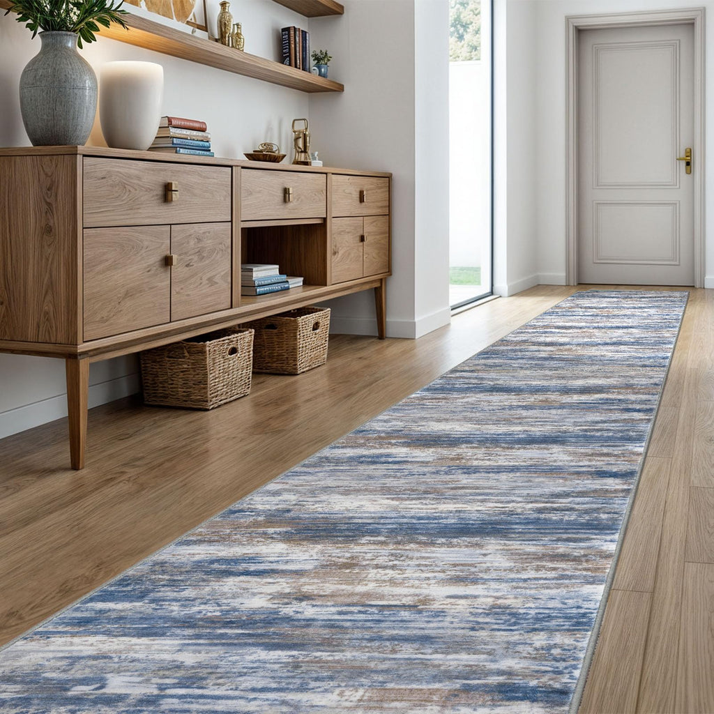 KOZYFLY Modern Abstract Washable Runner Rug 2.6x20 Hallway Runners Non-Slip Soft Kitchen Runner Rugs, Blue Rust 20 Foot Carpet Runner for Stair Entryway Bathroom Laundry Room Foyer