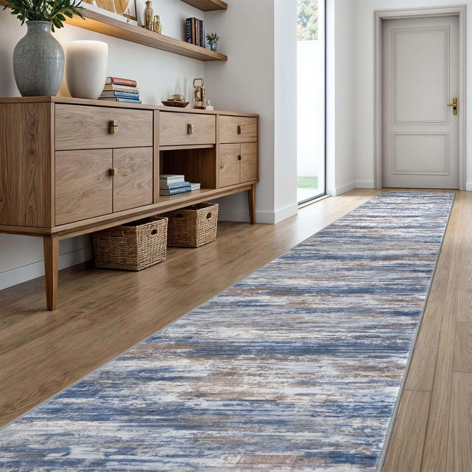 KOZYFLY Modern Abstract Washable Runner Rug 2.6x20 Hallway Runners Non-Slip Soft Kitchen Runner Rugs, Blue Rust 20 Foot Carpet Runner for Stair Entryway Bathroom Laundry Room Foyer