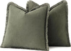 MIULEE Decorative Throw Pillow Covers Neutral Linen Fringe Throw Pillows Set of 2 Olive Green Boho Farmhouse Cushion Covers with Tassels for Couch Sofa Bed Living Room Spring Home Decor 16x16 Inch