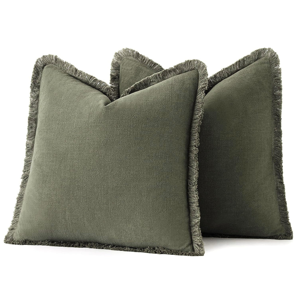 MIULEE Boho Linen Fringe Decorative Throw Pillow Covers Olive Green 20x20