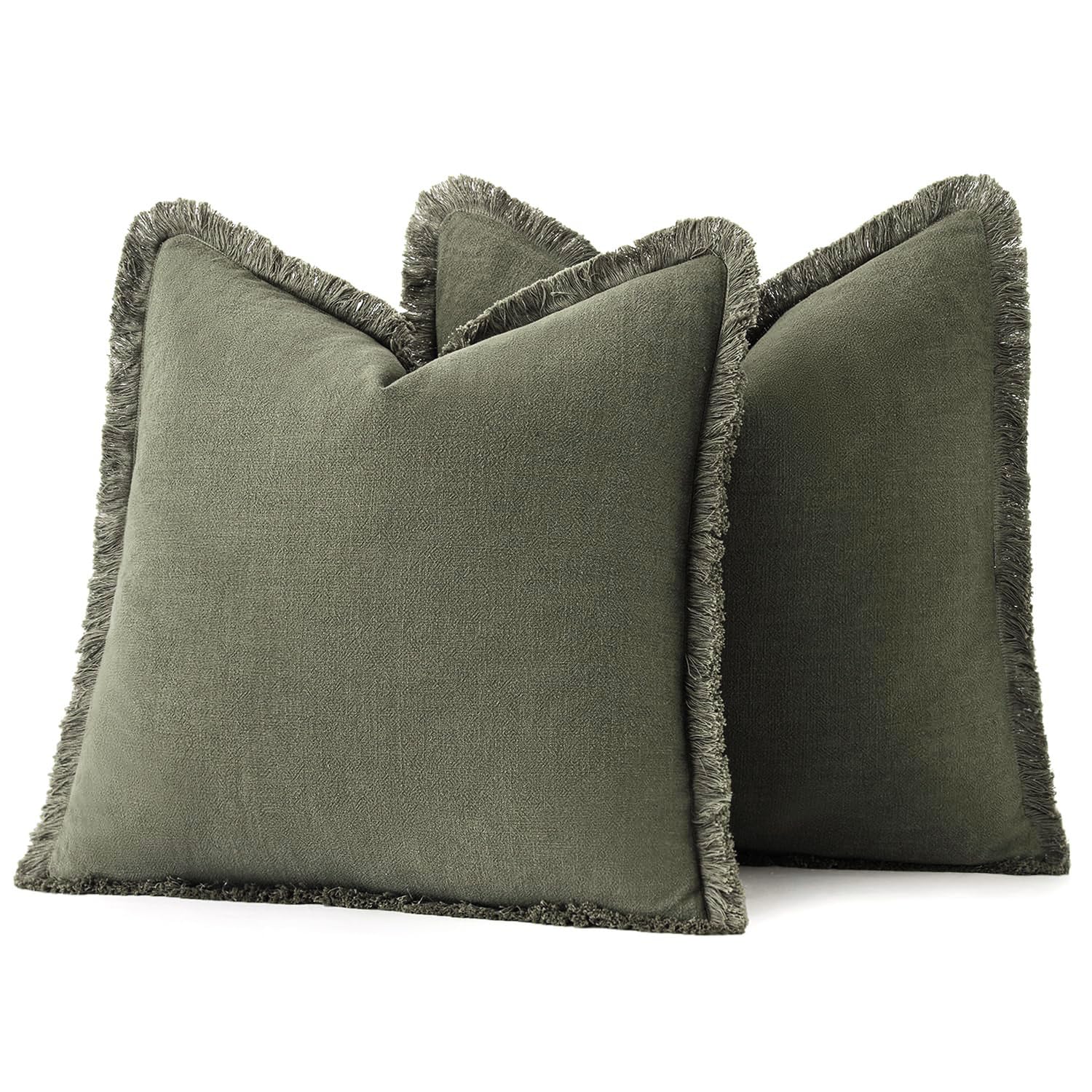 MIULEE Boho Linen Fringe Decorative Throw Pillow Covers Olive Green 20x20