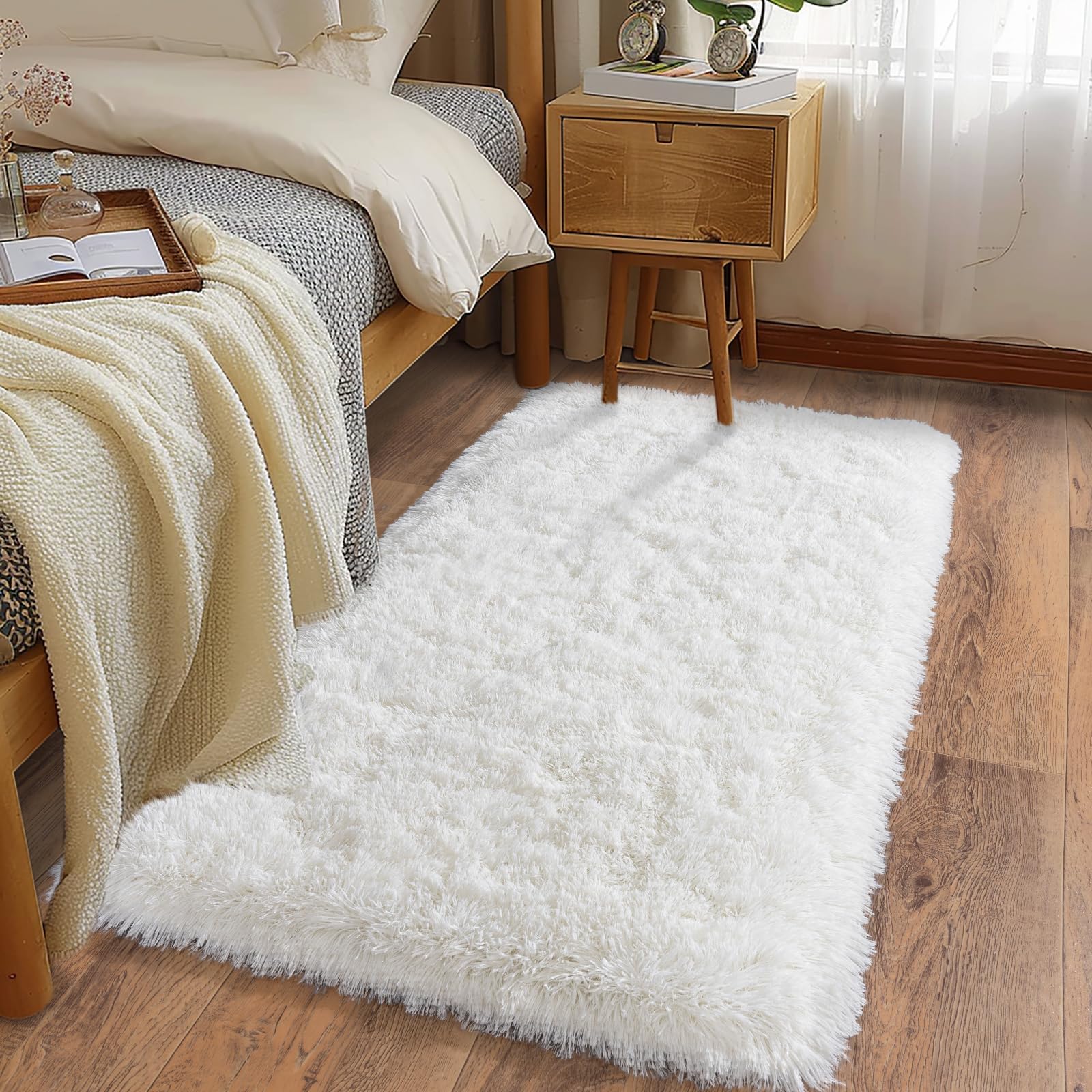 Ailyei Ultra Soft Runner Rugs for Bedroom Hallways with Upgraded Non-Slip Rubber Backing & Thick Memory Sponge, 2x4 Feet Fluffy Shag Throw Area Rug for Bedside Dorm Cream