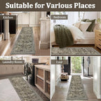 Yamaziot Washable Runner Rug 2x8 – Non Slip Boho Floral Hallway Runner Rug with Rubber Backing, Low Pile Wool Distressed Carpet for Kitchen, Laundry, Bedroom, Entrance, Tan