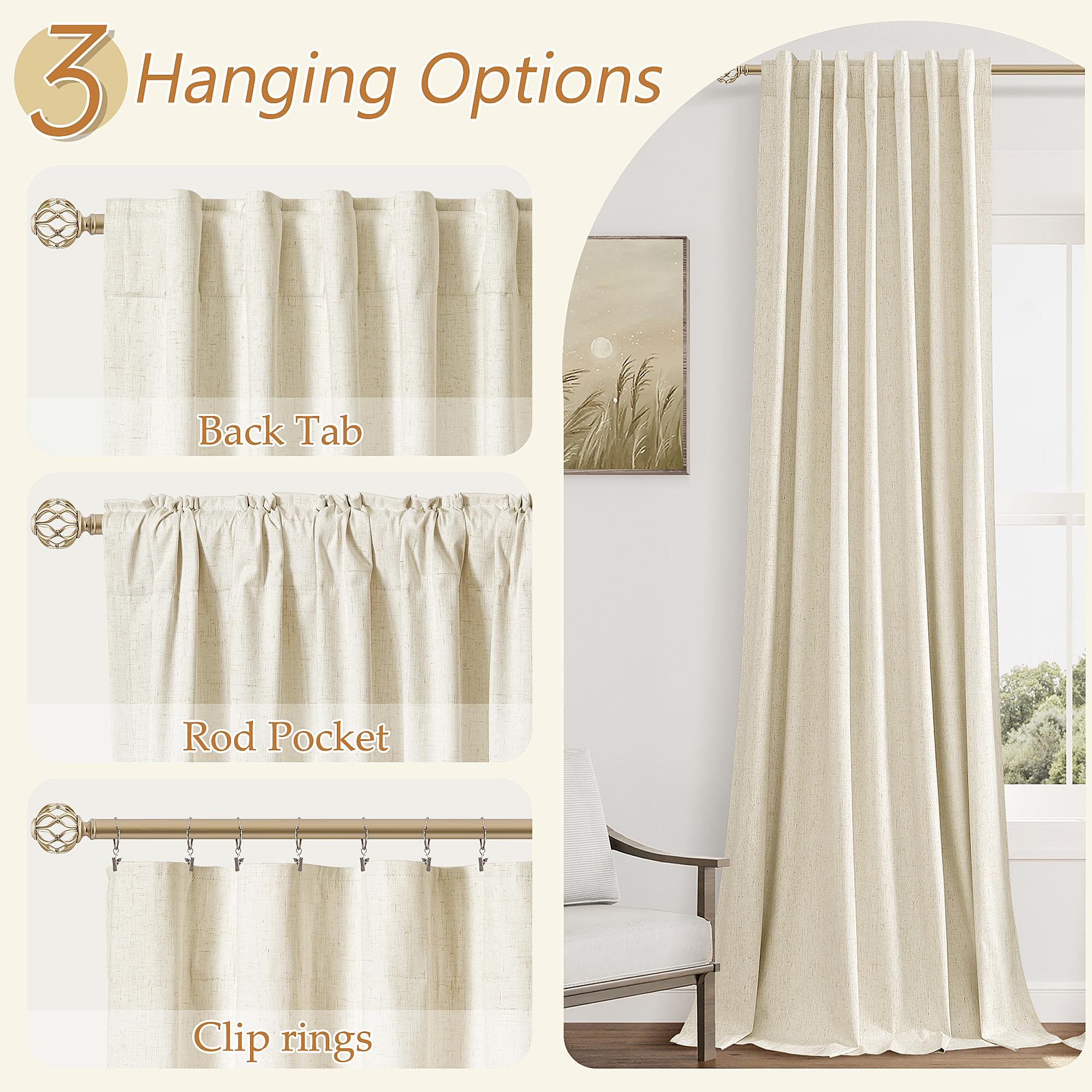 Guken 100% Blackout Curtains 96 Inch Length 2 Panels Set for Living Room Bedroom Back Tab Thermal Insulated Black Out Linen Drapes Room Darkening Window Curtains 96 Inches Long,Warm Beige