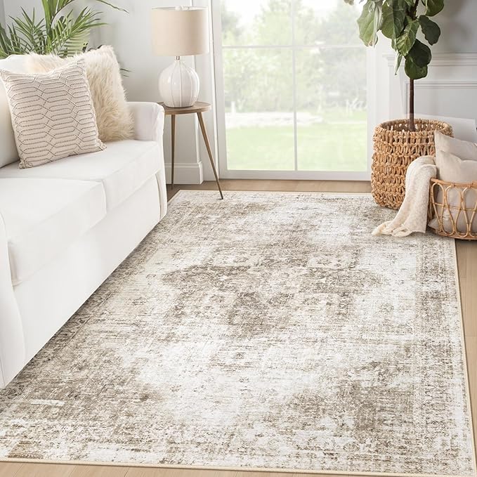 VECARF Area Rug 3x5 Washable Rug, Vintage Boho Medallion Entryway Rug Non-Slip Soft Low Pile Small Distressed Floor Carpet Retro Doormat for Kitchen Bedroom Laundry Bathroom Hallway (Taupe, 3'x5')